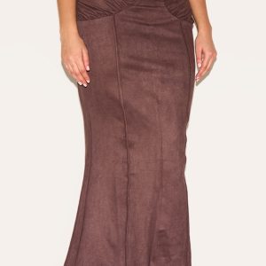 Plus Chocolate Faux Suede Ruching Waist Detail Maxi Skirt