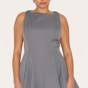 Plus Charcoal Woven Pleated Slash Neck Shift Dress