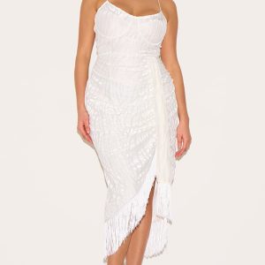 Plus White Devore Tassel Detail Underwired Draped Midi Dress