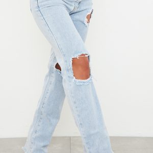 Light Blue Wash Ripped High Waist Straight Leg Jeans