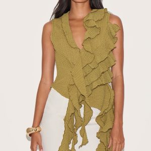 Olive Textured Ruffle Asymmetric Long Top
