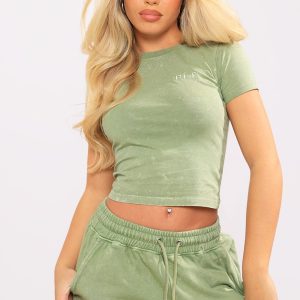 Olive Washed Cotton Longline Fitted T-Shirt