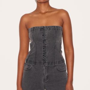 Washed Black Covered Button Longline Denim Top