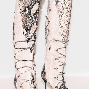 Snake Print PU Point Toe Stiletto Heeled Knee High Boots