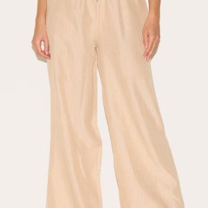 Oatmeal Marl Linen Look Wide Leg Drawstring Trousers