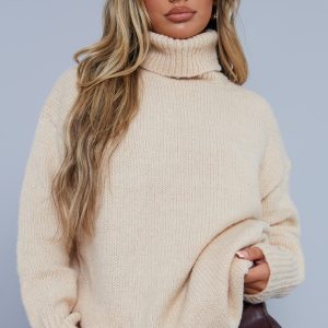 Stone Slouchy Longline Chunky Knitted Roll Neck Jumper
