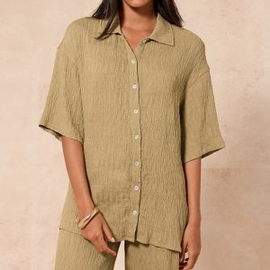 Chartreuse Textured Woven Oversized Short Sleeve Shirt