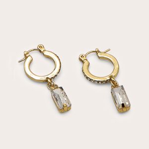 Real Gold Plated Paved Baguette Drop Hoop Earrings