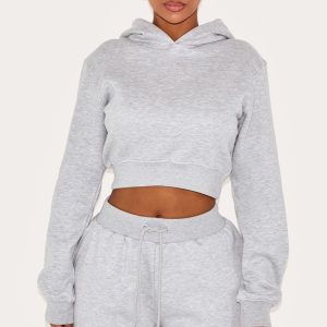 PRETTYLITTLETHING Shape Grey Marl Printed Back Cinched Waist Cropped Hoodie