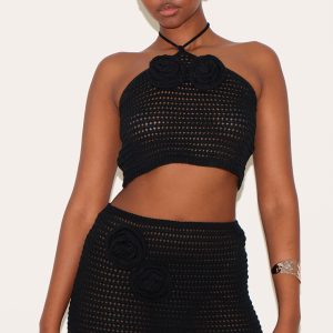 Black Tie Neck Flower Applique Top