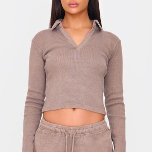 Taupe Washed Ribbed V Neck Fitted Long Sleeve Top