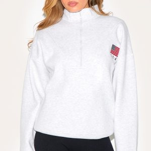 Ash Grey Oversized Quarter Zip Usa Sweatshirt