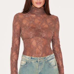 Brown Lace High Neck Long Sleeve Bodysuit