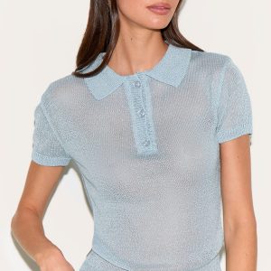 Light Blue Sheer Knit Polo Top