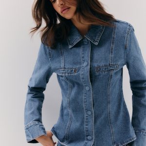 Mid Blue Wash Cinched Waist Seam Detail Long Sleeve Shirt