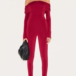 Burgundy Double Layer Slinky Bardot Skinny Jumpsuit