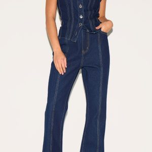Petite Dark Indigo Contrast Seam Straight Leg Jeans