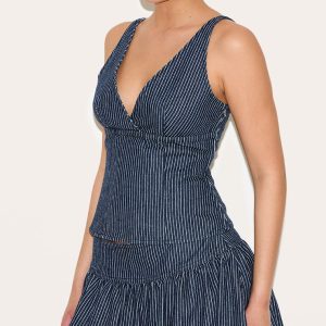 Navy Pinstripe Plunge Denim Top