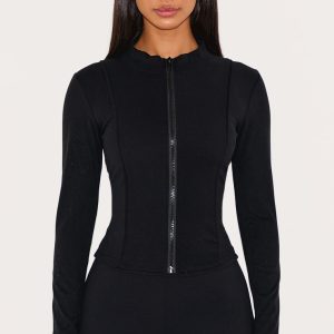 Petite Black Contour Sculpt Seam Detail Zip Up Top