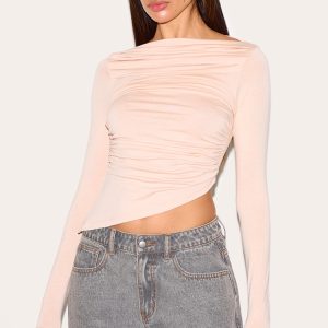 Cream Ruched Detail Asymmetric Hem Long Sleeve Top