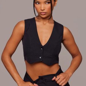 Black Tailored Cropped Seam Detail Waistcoat