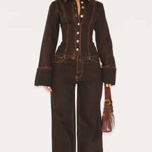 Petite Brown Straight Leg Mid Rise Jeans