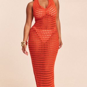 Shape Orange Crochet Knit Halterneck Open Back Maxi Dress