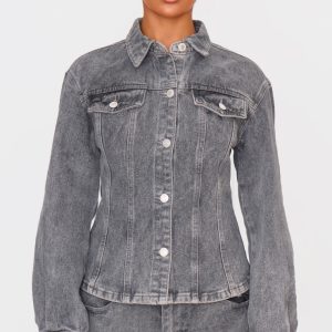 Grey Long Sleeve Cinch Waist Denim Jacket