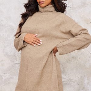 Maternity Mocha Soft Knit Roll Neck Oversized Seam Detail Jumper Dress