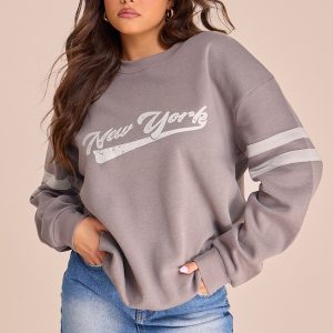 PRETTYLITTLETHING Charcoal New York Varsity Print Sweatshirt