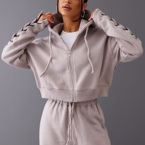 Petite Ash Grey Cropped Zip Up Hoodie