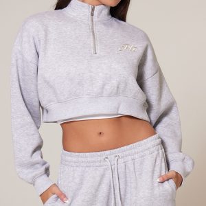 PRETTYLITTLETHING Grey Marl Tonal Embroidered Cropped Half Zip Sweatshirt