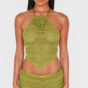 Khaki Crochet Flower Detail Halterneck Beach Top