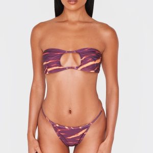 Burgundy Abstract Print Bandeau Cut Out Bikini Top