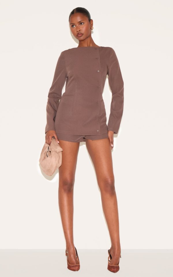 cbea16d441e132f85299e59f19ba68347c603337_CNM2302_3_chocolate_woven_asymmetric_button_tailored_skort_playsuit