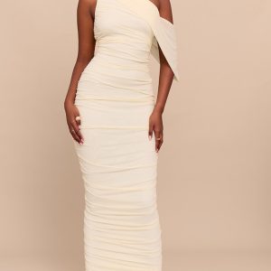 Almond Mesh Overlay One Shoulder Ruched Maxi Dress