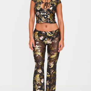 Black Floral Foil Printed Mesh Flare Trousers