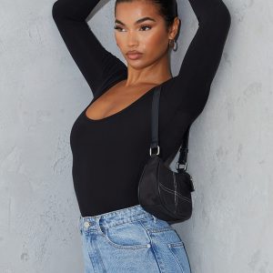 Basic Black Cotton Blend Scoop Neck Long Sleeve Bodysuit