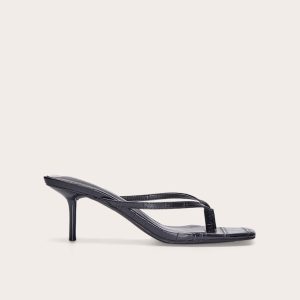 Black Pu Square Toe Thong Mid Stiletto Heeled Mules