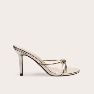 Gold Metallic PU Knotted Mid Heeled Mule Sandals