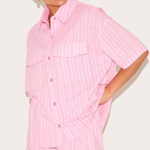 Petite Pink Pinstripe Oversized Short Sleeve Shirt