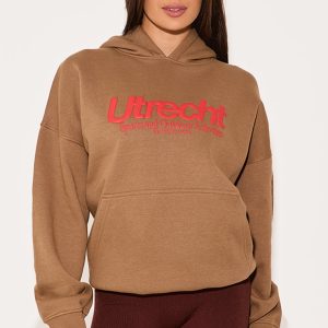 Taupe Sports Puff Print Oversize Hoodie