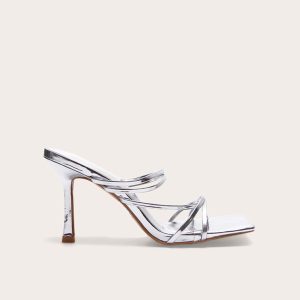 Silver PU Square Toe Multi Cross Strap Detail Mid Heeled Mules