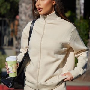 Beige Seam Detail Zip Through Sweatshirt