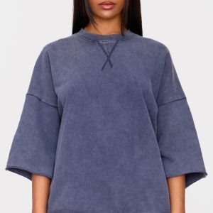 Navy Vintage Wash Oversized Short Sleeve Sweatshirt
