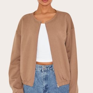 Taupe Premium Oversized Boxy Collarless Zip Sweat Top