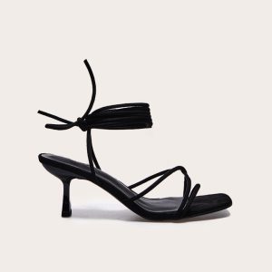 Black Wide Fit Faux Suede Strappy Lace Up Low Heel Sandals