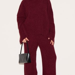Plus Burgundy Rib Boucle Knit Wide Leg Trousers