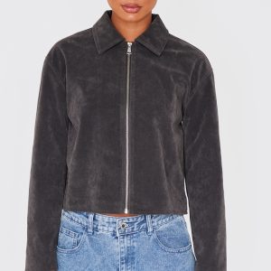 Charcoal Zip Up Faux Suede Jacket