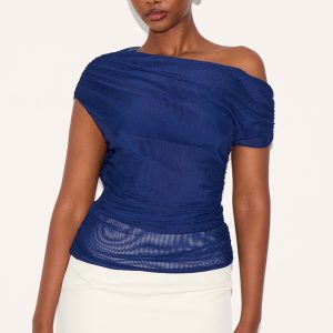 Navy Double Layer Mesh Ruched Detail Asymmetric Top